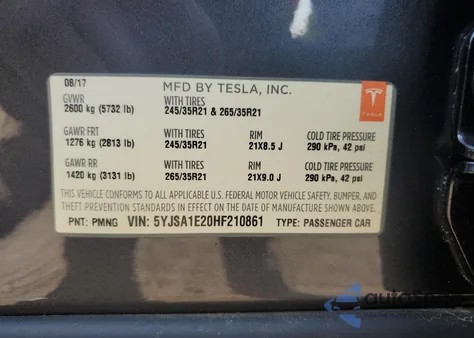 2017 Tesla Model S z USA, uszkodzony, nr VIN 5YJSA1E20HF210861